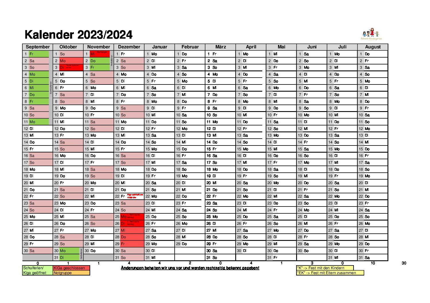 Jahreskalender Sep bis Dez 2023